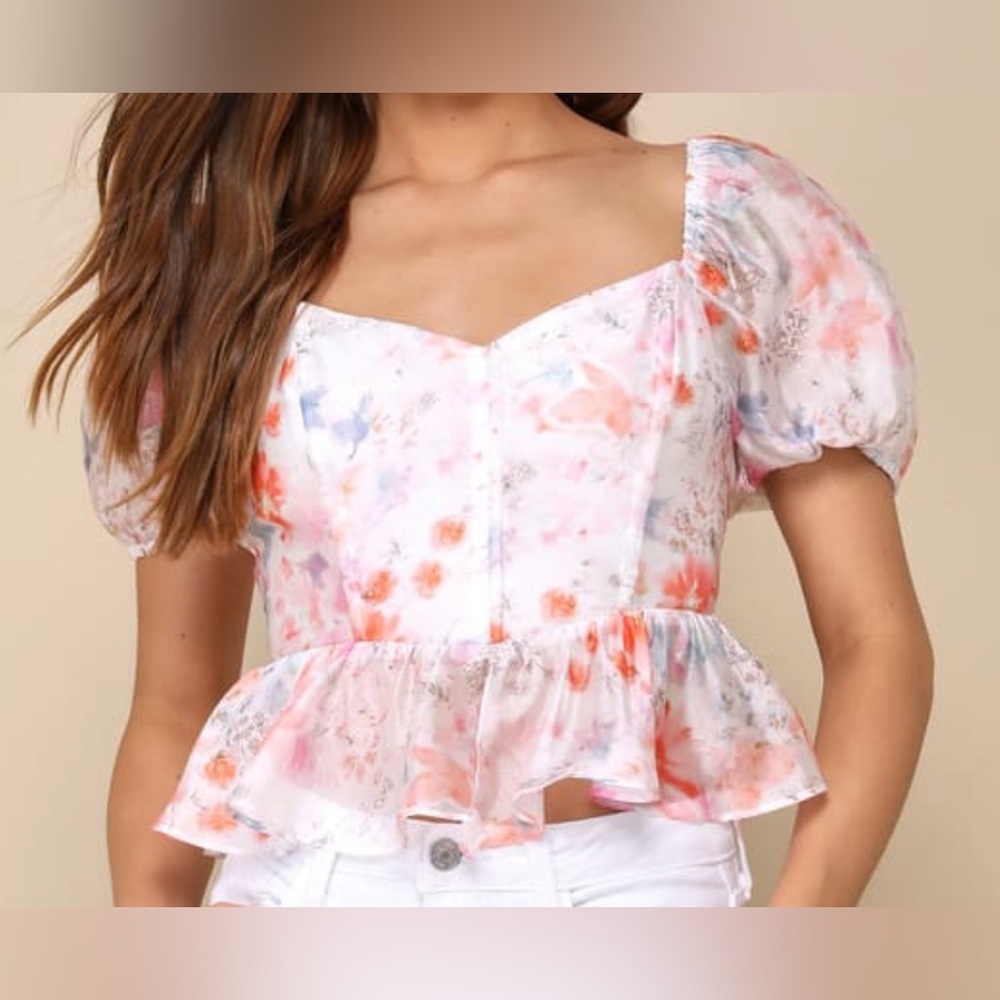 Lulu’s Darling Potential Ivory Floral Chiffon Bustier Puff Sleeve Top Size M.NWT